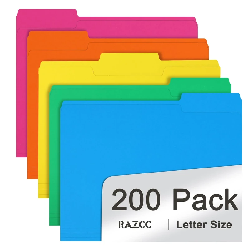File Folder, RAZCC 200 Pack 1/3 Cut Tab Colored Folders, Colored File Folder Letter Size for Office Classroom Use, Folders with Tabs Assorted 5 Colors