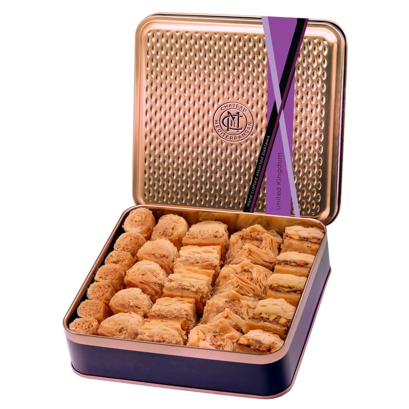 Chateau de Mediterranean Baklava Selection 500g | Approx 27 Pieces | Delicious Filo Pastry Filled with Assorted Nuts | Traditional Recipe | Presentation Gift Tin | Salsa Accredited bakery | UK Baked