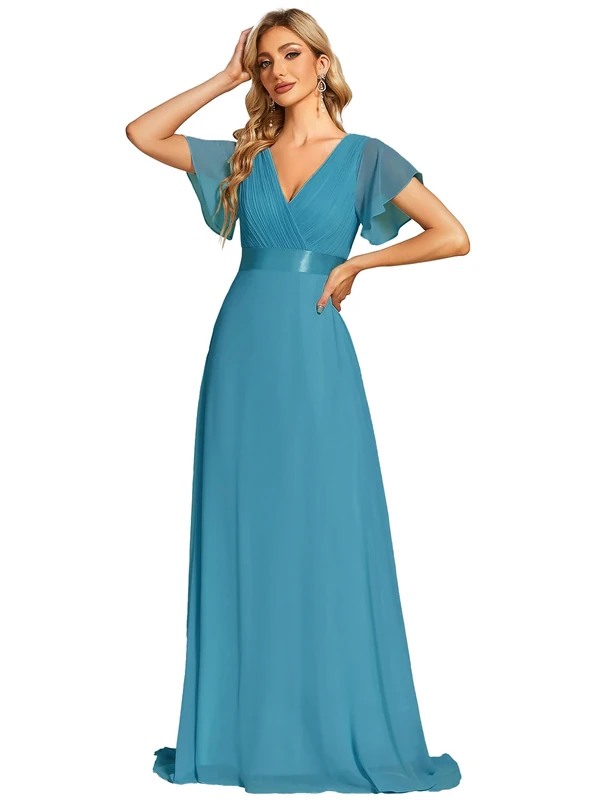 Ever-Pretty Women's Double V-Neck Short Flutter Sleeves Empire Waist Elegant Chiffon Long Evening Dresses Jade Blue 20UK
