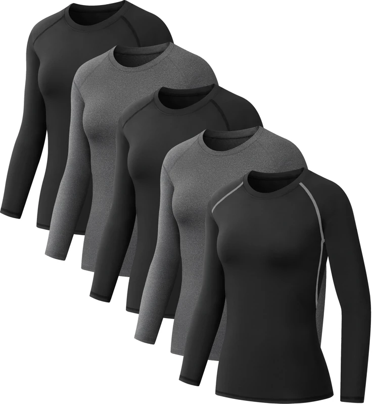 NebuKinex 5 Pack Women's Compression Shirt Long Sleeve Workout Tops Athletic Baselayer Quick Dry Gym Yoga Running T-Shirt, 3black+2grey, XL