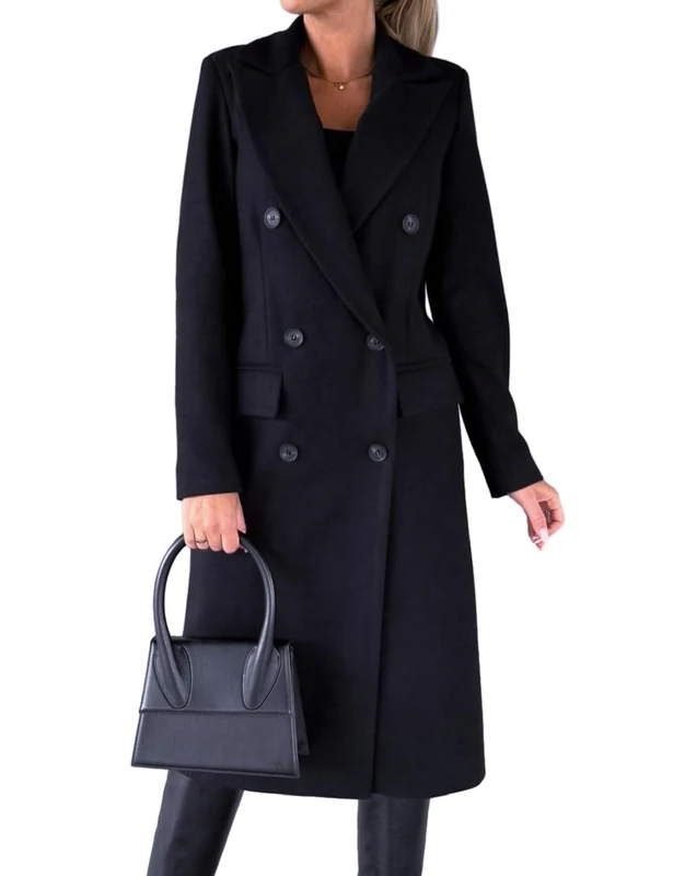 IDEALSANXUN Womens Long Wool Coat Double Breasted Trench Coat Fall Winter Clothes, Navy, Large