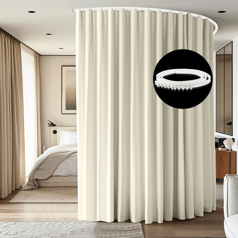cbsroro Room Divider Ceiling Mounted Curtains Track Sets Extra Wide Blackout Curtain Flexible Tracks for Bedroom Privacy Partition Separator, 1 Panel Beige Drape and White Rail, W10 x H9ft