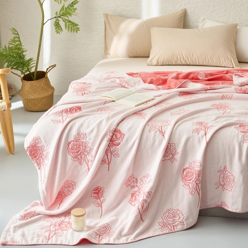 Scientific Sleep Rose Pink White Flower 100% Cotton Muslin Blanket Throw Cover for Bed Couch Sofa Cozy Soft Reversible Bedding Blanket Bedspread Coverlet Full Queen 80 in x 90 in