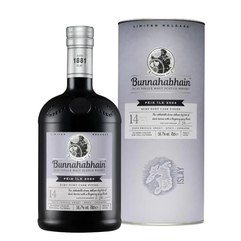 Bunnahabhain 14 Year Old Ruby Port Finish Islay Single Malt Scoth Whisky, 70cl | 58.7% ABV | Fèis Ìle 2024 | Cherries, dark chocolate and berries | Islay Single Malt Whisky