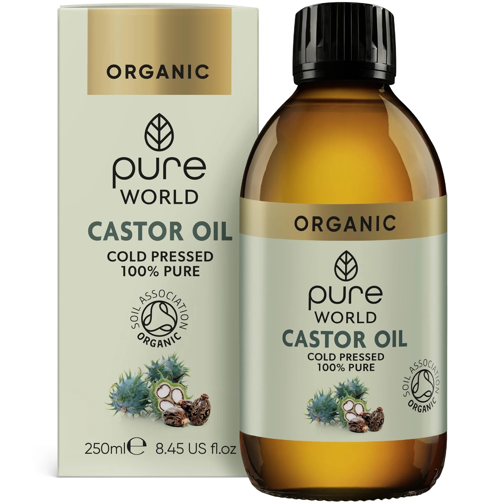 Pure World Natural Organic Castor Oil 250ml Premium Quality Cold & Fresh Press Glass Bottle Hexane Free for Hair, Skin - Ideal for Moisturizing, Conditioning, and Eyelashes & Eyebrows- Food Grade