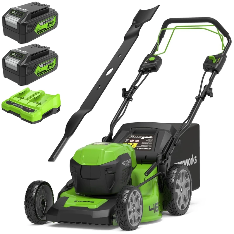 Greenworks 2x24V Self Propelled Cordless Lawnmower, 46cm Cutting Width, PLUS Two 4Ah Batteries and Twin Charger GD24X2LM46SPK4X + Greenworks Tools 46 cm Replacement Blade -ALM-46BL-GW