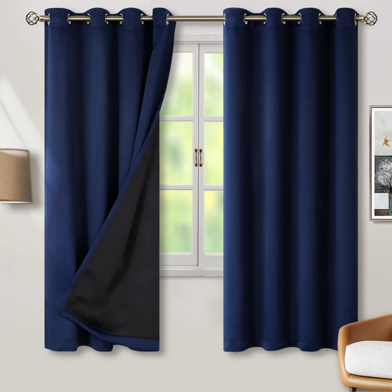 BGment Thermal Insulated 100% Blackout Curtains for Bedroom with Black Liner, Double Layer Full Room Darkening Noise Reducing Grommet Curtain (55 x 69 Inch, Navy Blue, 2 Panels)