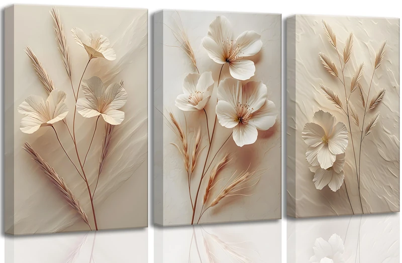3Pcs Neutral Beige Floral Botanical Canvas Wall Art Modern Simple Texture Flower Plant Painting Picture Wall Decor Vintage Blossom Poster Print Artwork for Living Room Bedroom Bathroom