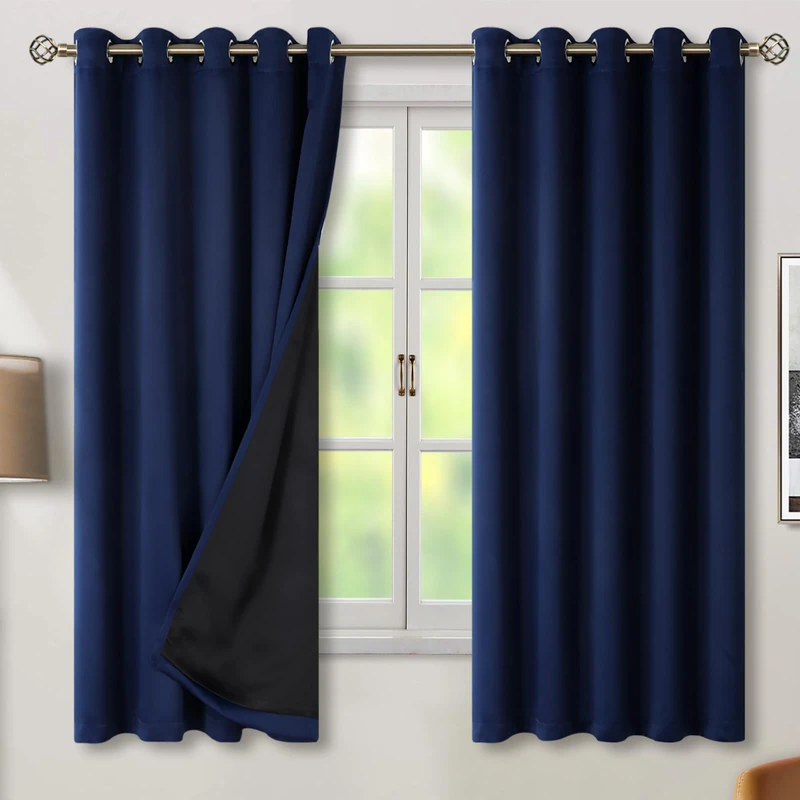 BGment Thermal Insulated 100% Blackout Curtains for Bedroom with Black Liner, Double Layer Full Room Darkening Noise Reducing Grommet Curtain (60 x 63 Inch, Navy Blue, 2 Panels)