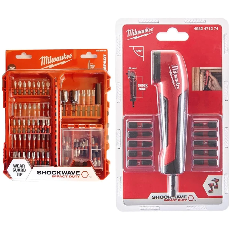 Milwaukee Shockwave 4932492008 Impact Duty Bit Set (TX, PZ, PH, HEX, TXBO) 75-Piece & 4932471274 Shockwave Impact Duty Right Angle Attachment 11 Piece