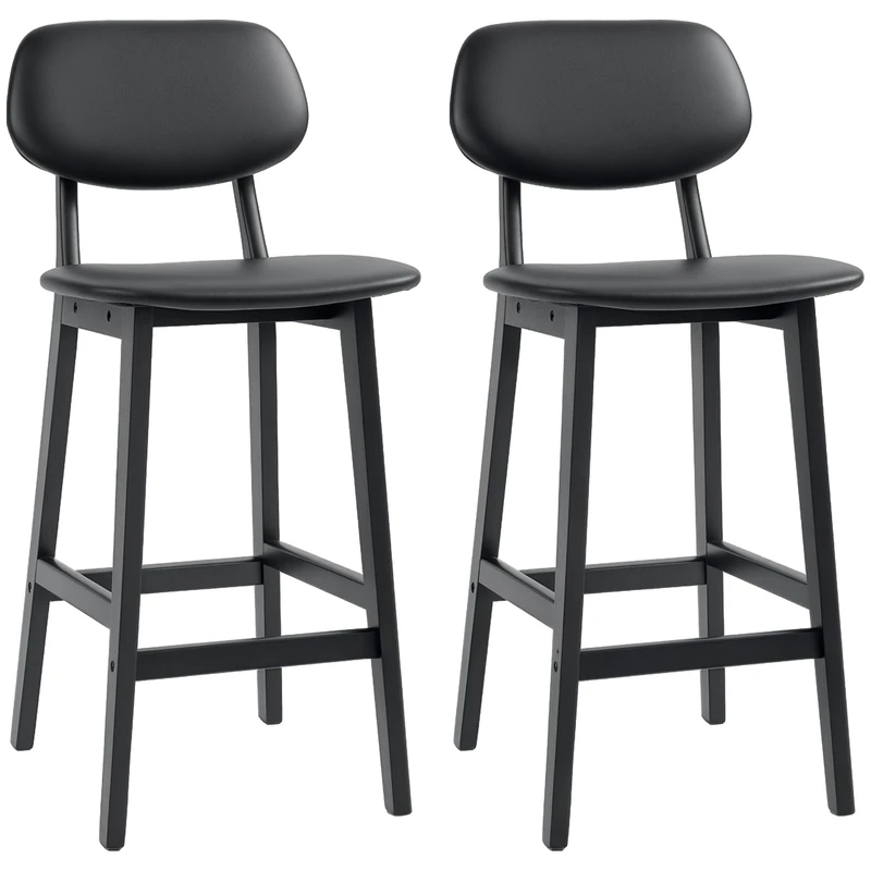 HOMCOM Bar Stools Set of 2, Breakfast Bar Chairs, PU Leather Upholstered Kitchen Stools with Backs, Footrests and Solid Wood Legs, Black - Image 1