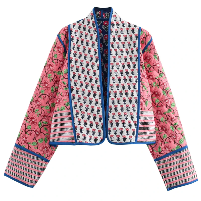 Yimoon Women's Cropped Puffer Jacket Floral Print Lightweight Short Padded Quilted Coat Open Front Winter Outwear, 03red, L - Image 1