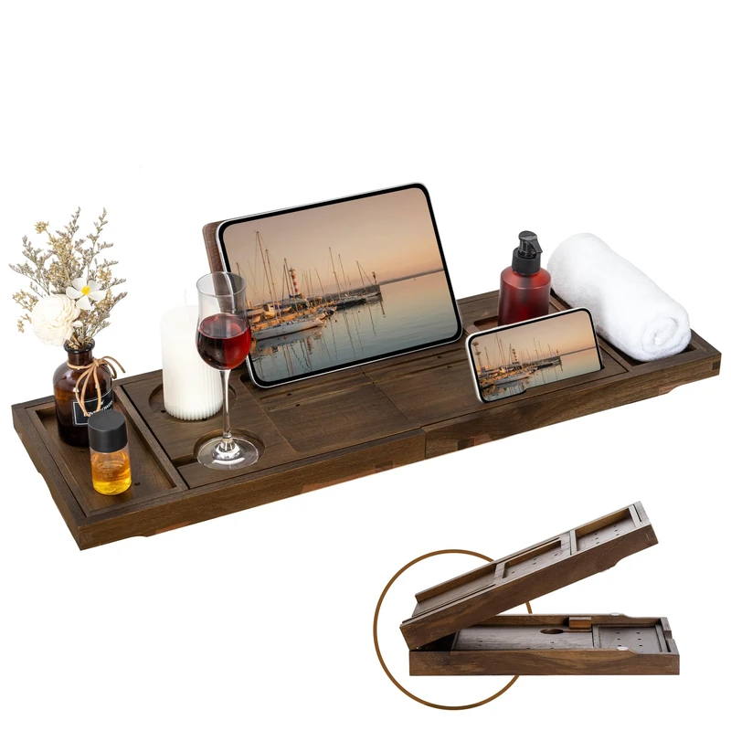 Teak Bathtub Tray - Luxury Bath Tray with Expandable Handles, Wine Glass and Phone Holders, Book Stand - Perfect for Home Spa Relaxation and Reading - Natural Bath Accessories - Dark Walnut Color