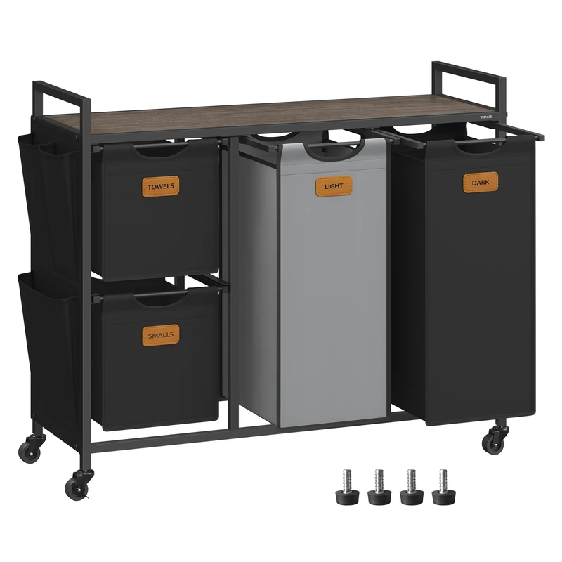 VASAGLE Laundry Hamper with 4 Compartments, 150 L Laundry Sorter, Rolling Laundry Cart with Shelves, Removable Liners, 6 Labels, Chestnut Brown, Ink Black and Dove Grey BLH203B01