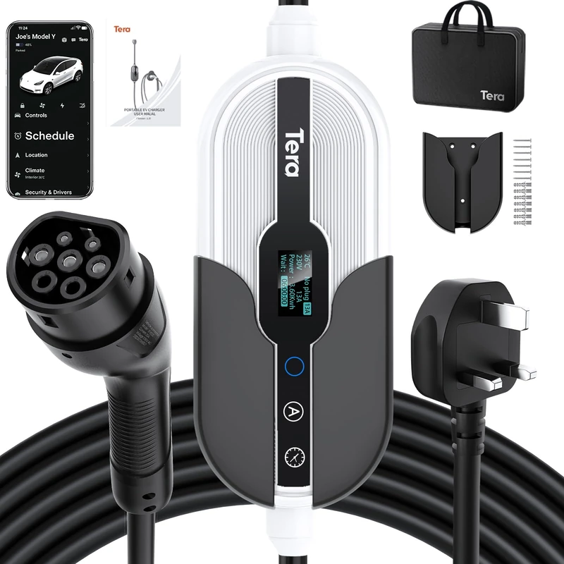 Tera Type 2 EV Charger Portable: Smart APP 230V 3kW Wall Connector UK 3 Pin Plug 6/8/10/13A Wi-Fi & BT Enabled 7 Meter Cable 12 Hours Delay Timer with Controllable Digital Display