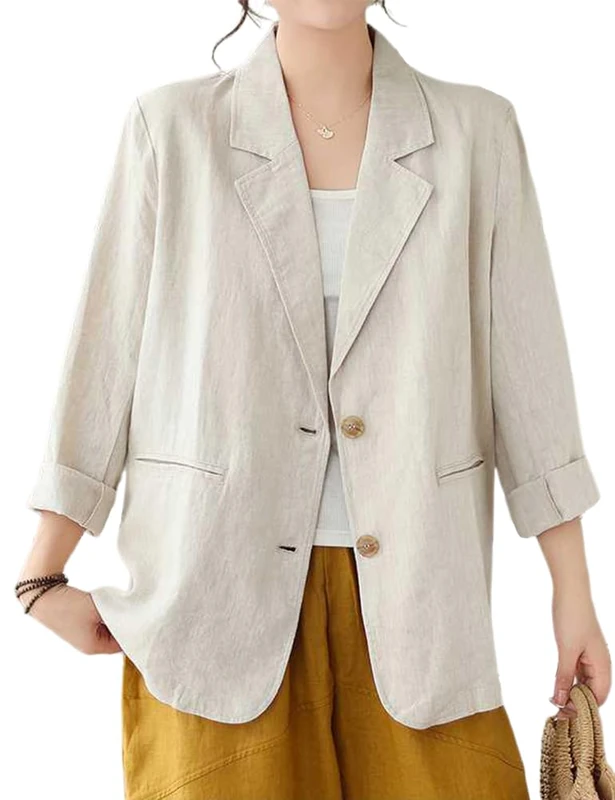 IDEALSANXUN Cotton Linen Blazer for Women Spring Summer Long Sleeve Lightweight Business Casual Jackets Tops, Beige, S