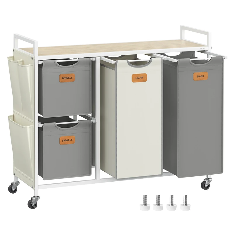 VASAGLE Laundry Hamper with 4 Compartments, 150 L Laundry Sorter, Rolling Laundry Cart with Shelves, Removable Liners, 6 Labels, Natural Beige, Dove Grey and Cream White BLH203G01