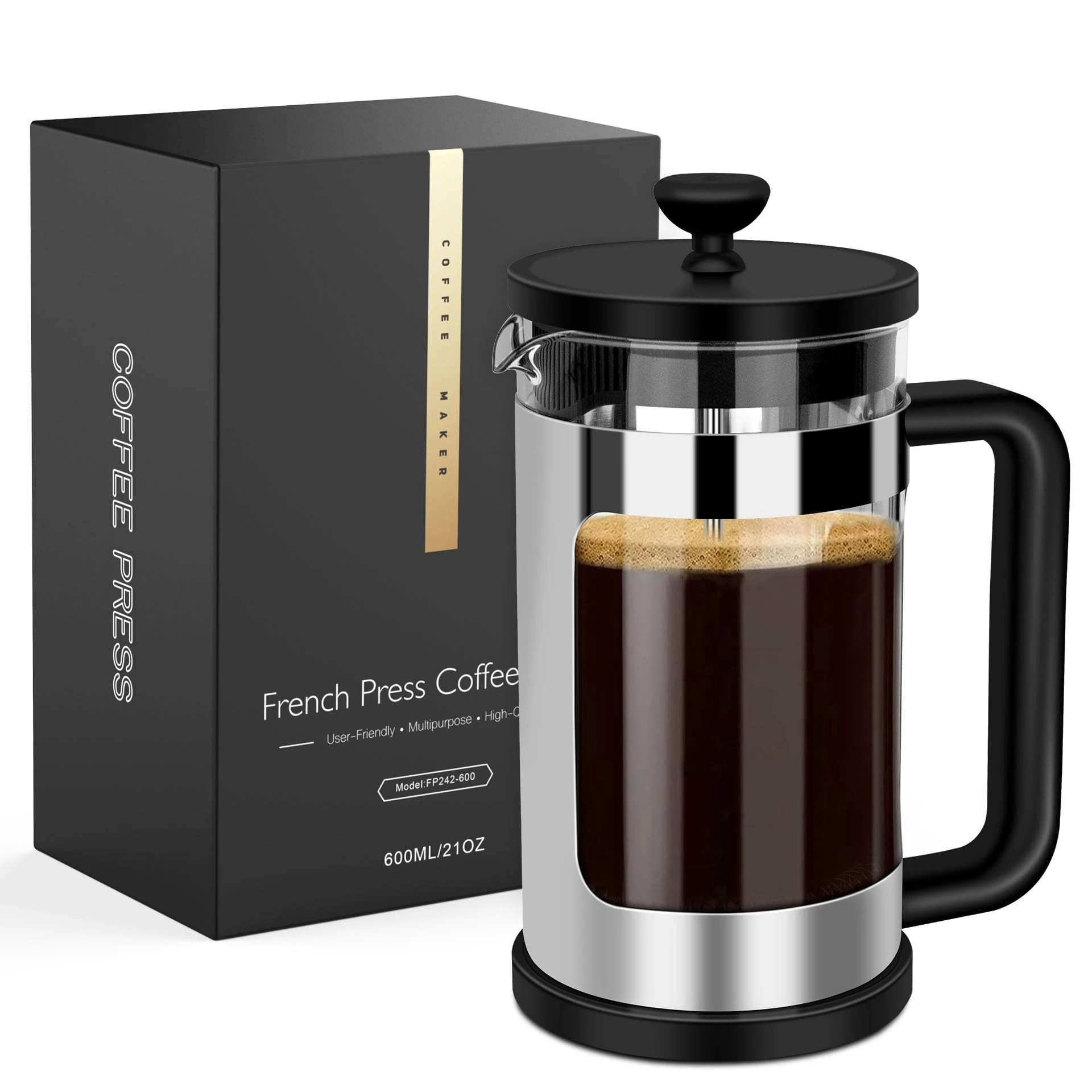 RAINBEAN Cafetiere 4 Cup French Press, Coffee Press for Ground Coffee, Caffettiera Coffee Brewer with Stainless Steel Filter, Perfect for Coffee Lover Gifts, 21 oz/600 ML