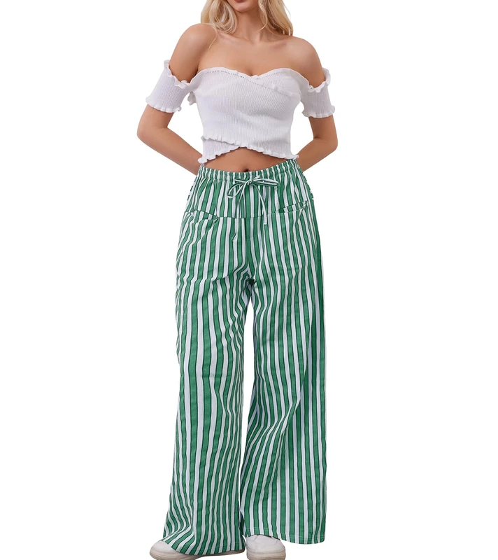 AIHUKOCY Women Drawstring Stripe Wide Leg Casual Trousers Striped Low Rise Casual Loose Lounge Pants with Pockets, Green, Large - Image 1
