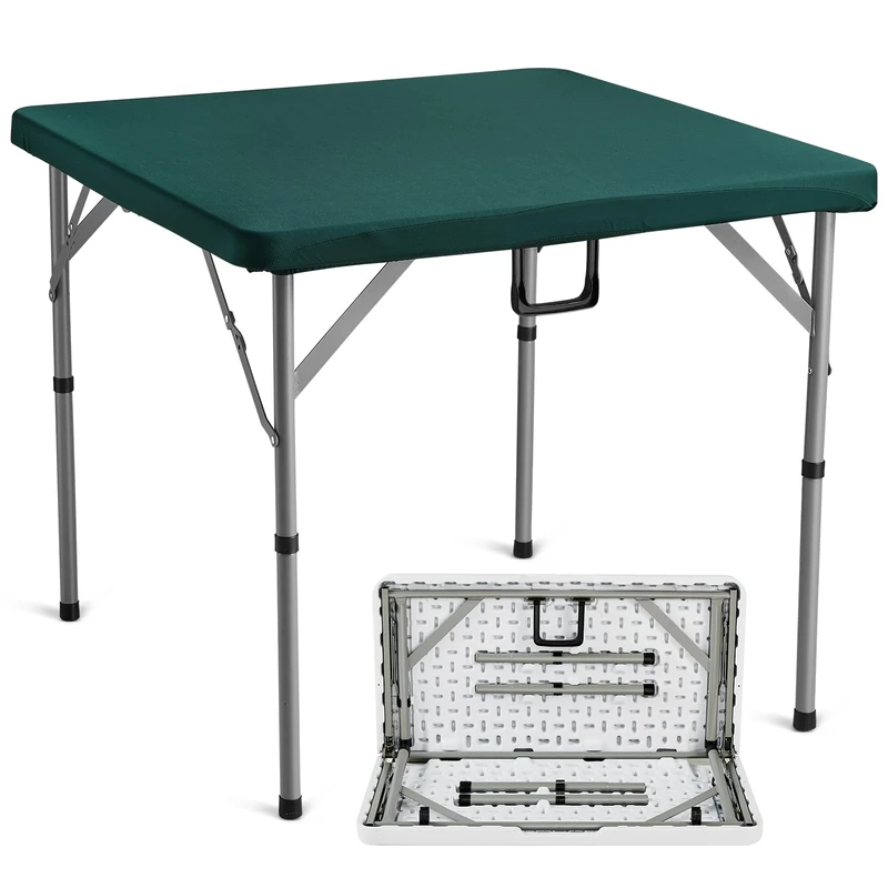 VEVOR Fold-in-Half 4 Player Card Table with Wear-Resistant Green Tabletop, Portable Bi-Folding Square Domino Table with Carrying Handle for Outdoor Camping Picnic Party, 34 x 34-inch