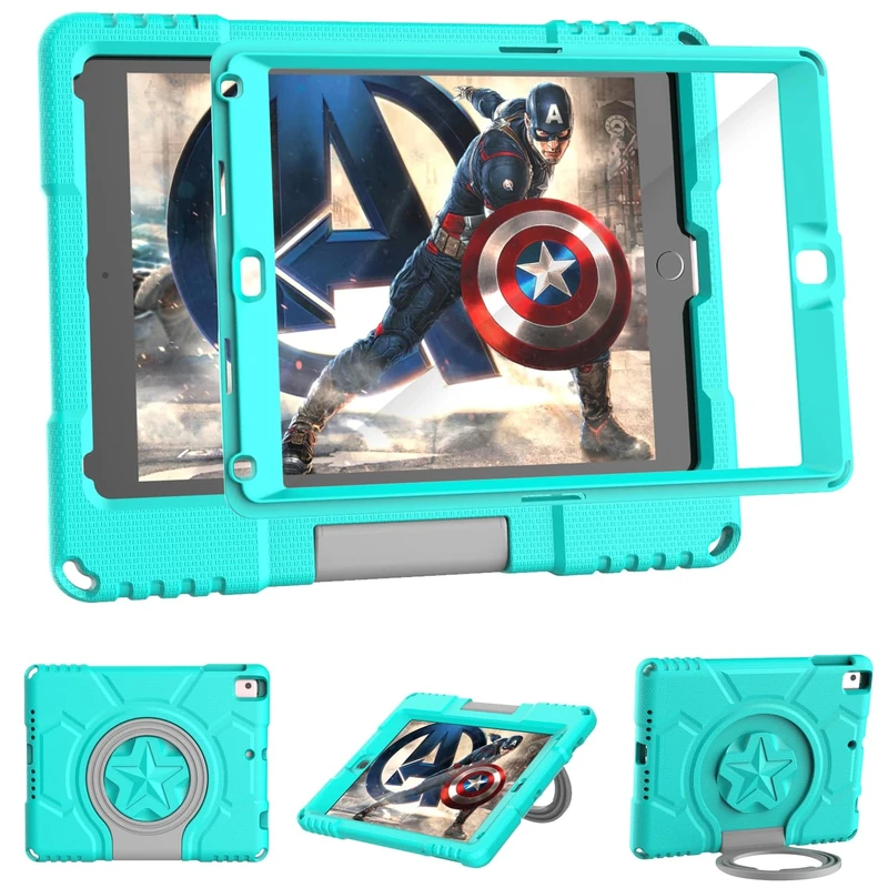 TrendGate Lightweight Shockproof iPad Case Built-in Screen Protector with Handle Stand for iPad 9.7 Inch - Cyan