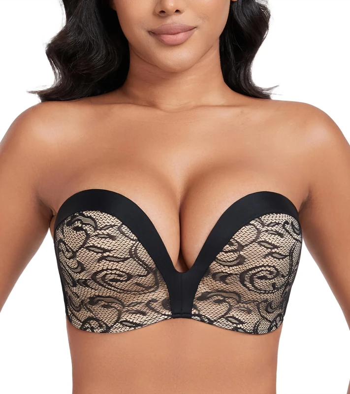 DotVol Push up Lift Women's Bra Seamless Wireless Anti-Slip Strapless brallate with Shape Support(Black Flower,42C)