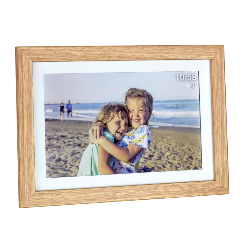TFA Dostmann 37.1002 Digital 10 Inch WLAN Picture Frame with Frameo App MDF Wooden Frame Including USB and Micro SD with Touch Screen for Video and Photos Current Time Brown