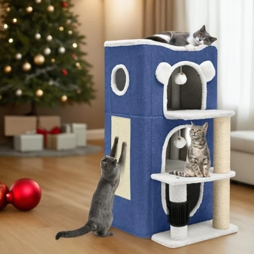 YITAHOME Modern Cat Condo with Highway Cave, Cat Beds & Cube Playhouse for Multi Kittens - Scratch Post, Climbing Stand - Blue