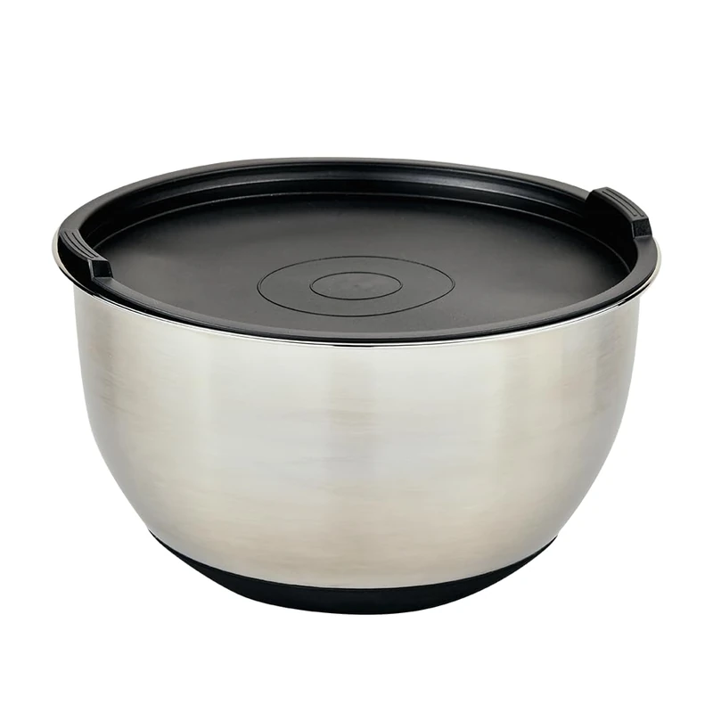 Kesper Mixing Bowl with lid, Material: Stainless Steel, Plastic, Silicone, Dimensions: Diameter 26 cm, Height: 15 cm, Colour: Silver, Black, 90896