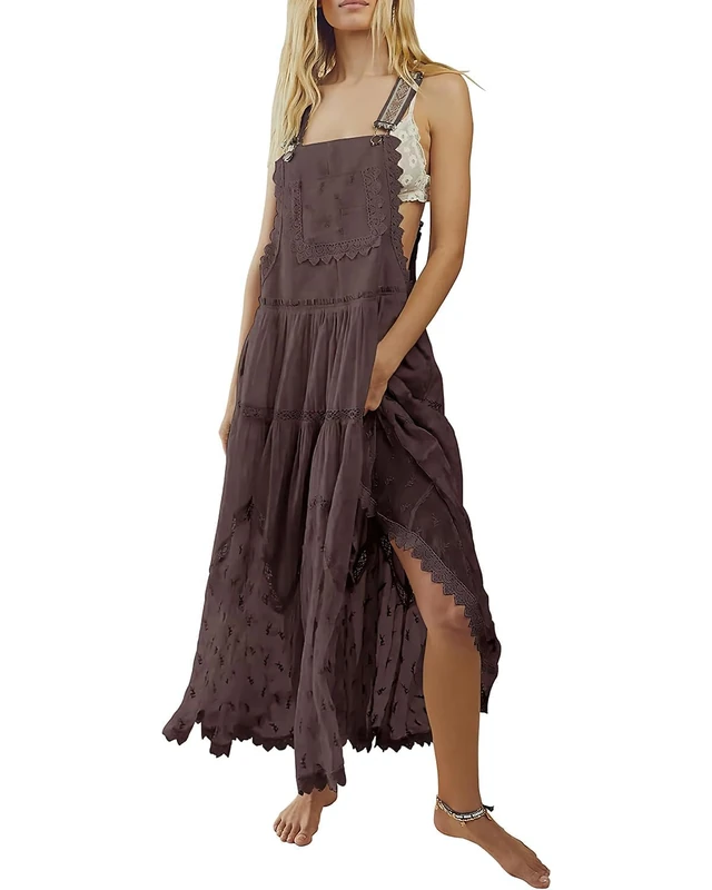 ebossy Women's Laced Embroidered Tulle Bib Dress Casual Loose Adjustable Straps Maxi Dress, Coffee, XS
