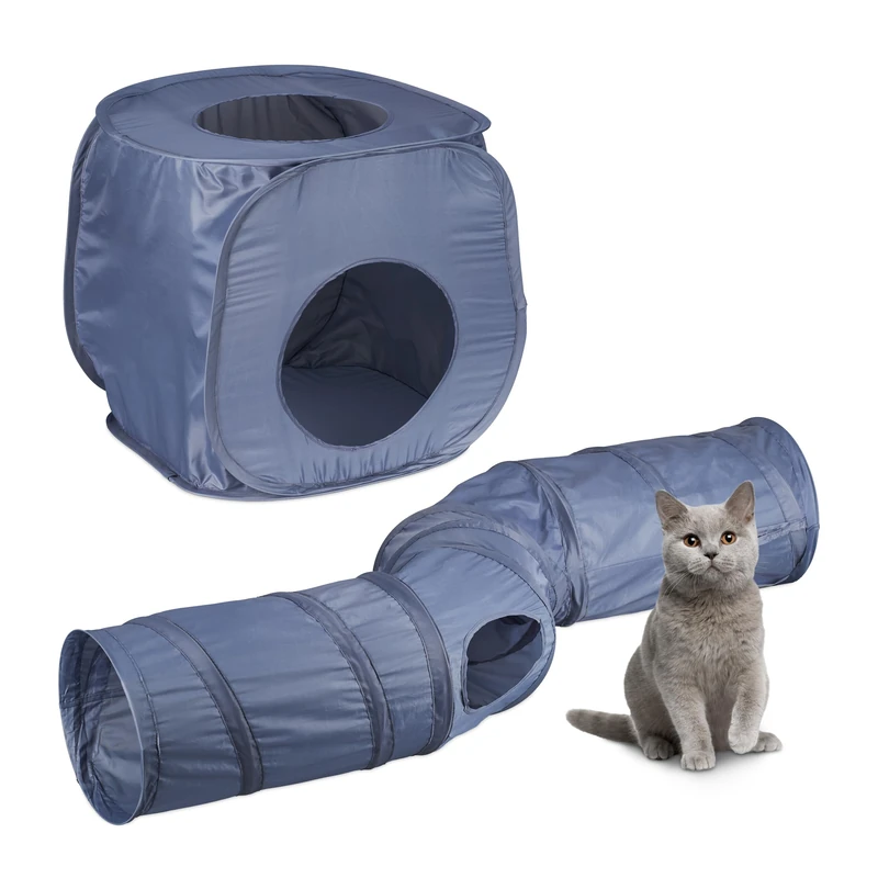 Relaxdays Cat Tunnel and Cave, Pet Toy with 4 Exits, Hideout, Interactive, Pop-up, Foldable, Polyester, Grey, 25 x 131.5 x 35 cm
