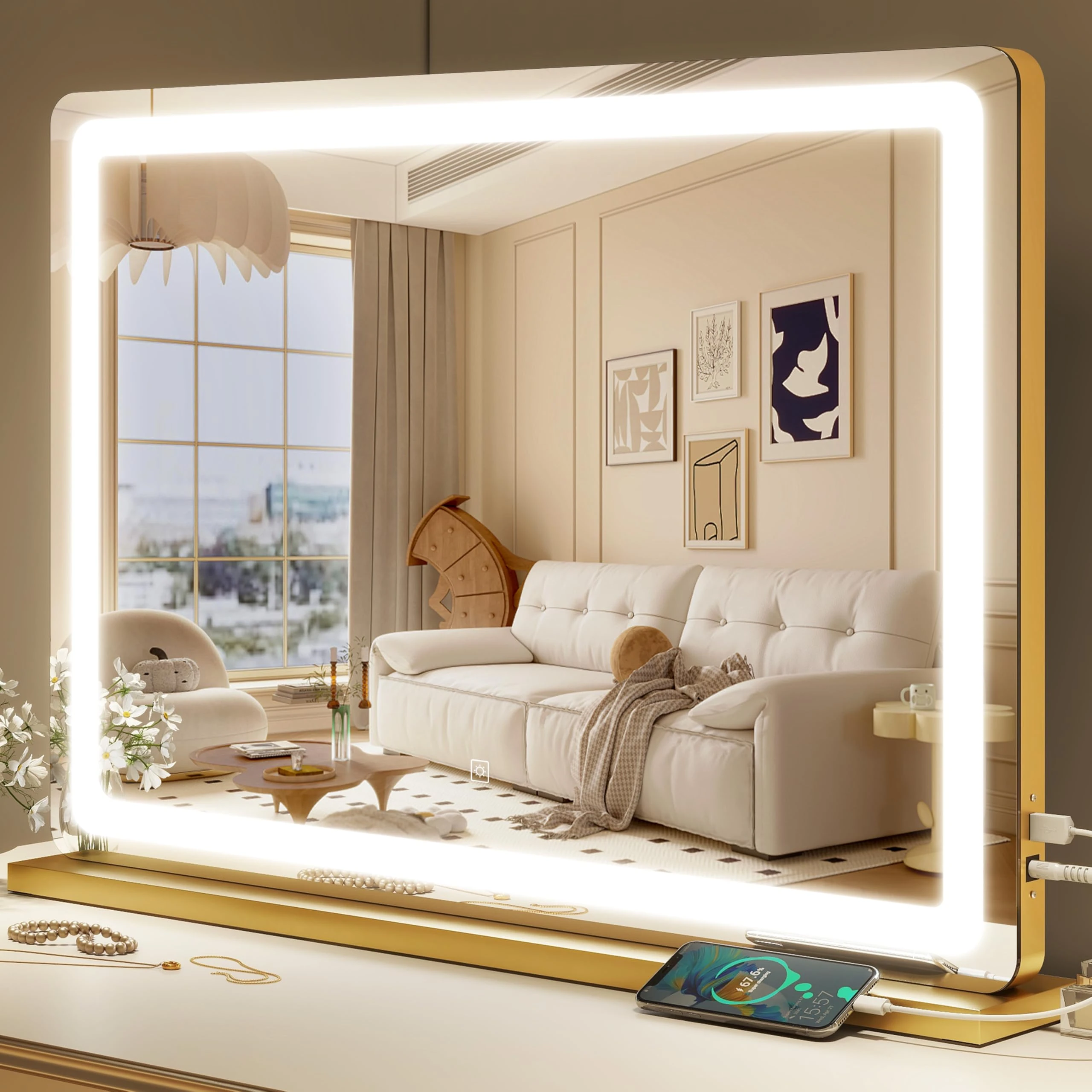 ROLOVE Gold Vanity Mirror with Lights, 32" x 22" Large Lighted Vanity Mirror with Dimmable 3 Modes, LED Makeup Mirror, USB Charging Port, Tabletop or Wall-Mounted
