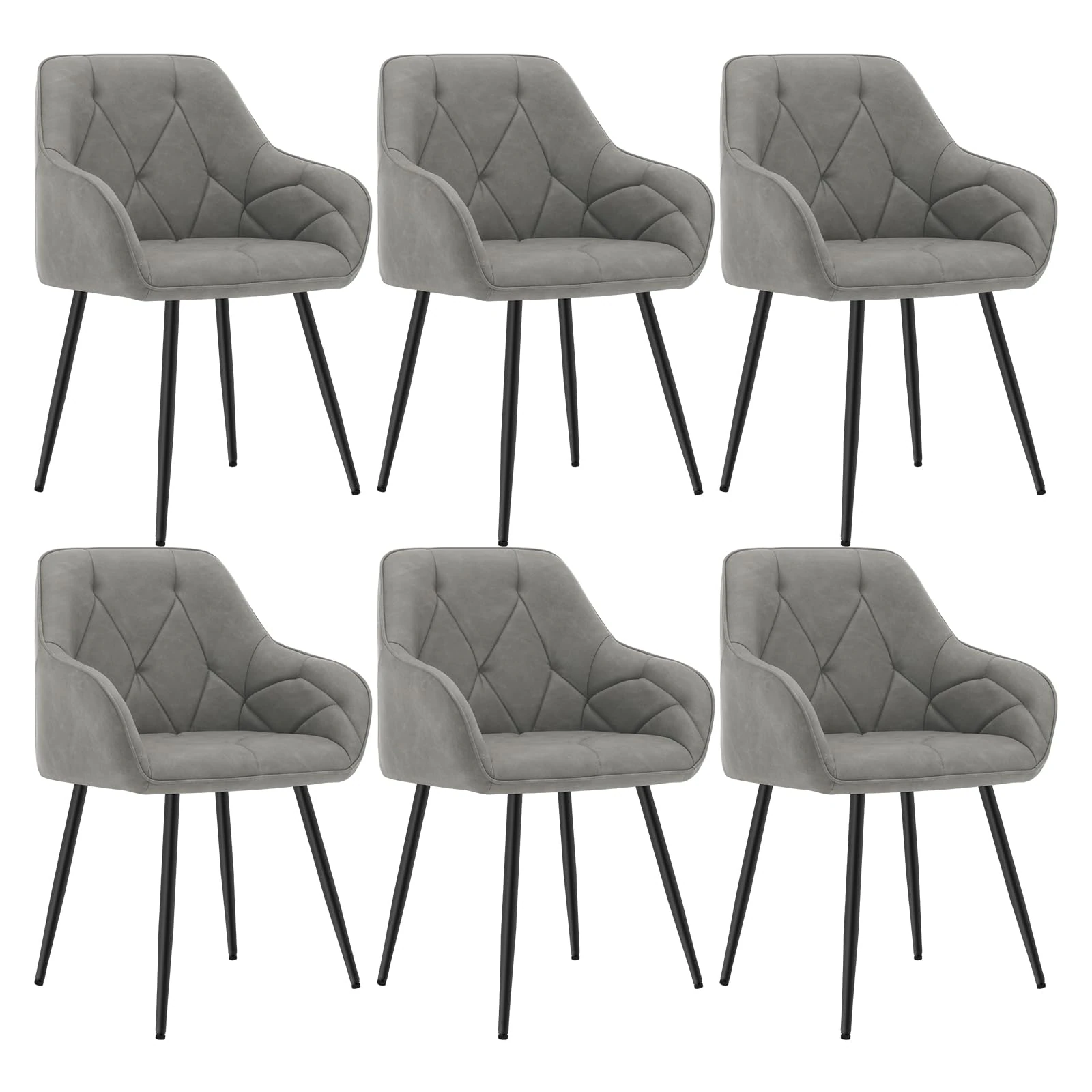 WOLTU Set of 6 Dining Chairs Kitchen Chairs Upholstered Living Room Chair with Backrest, Armrests, Metal Legs, Ergonomic Chair for Lounge, Office, Dressing Table, Faux Leather, Dark Grey