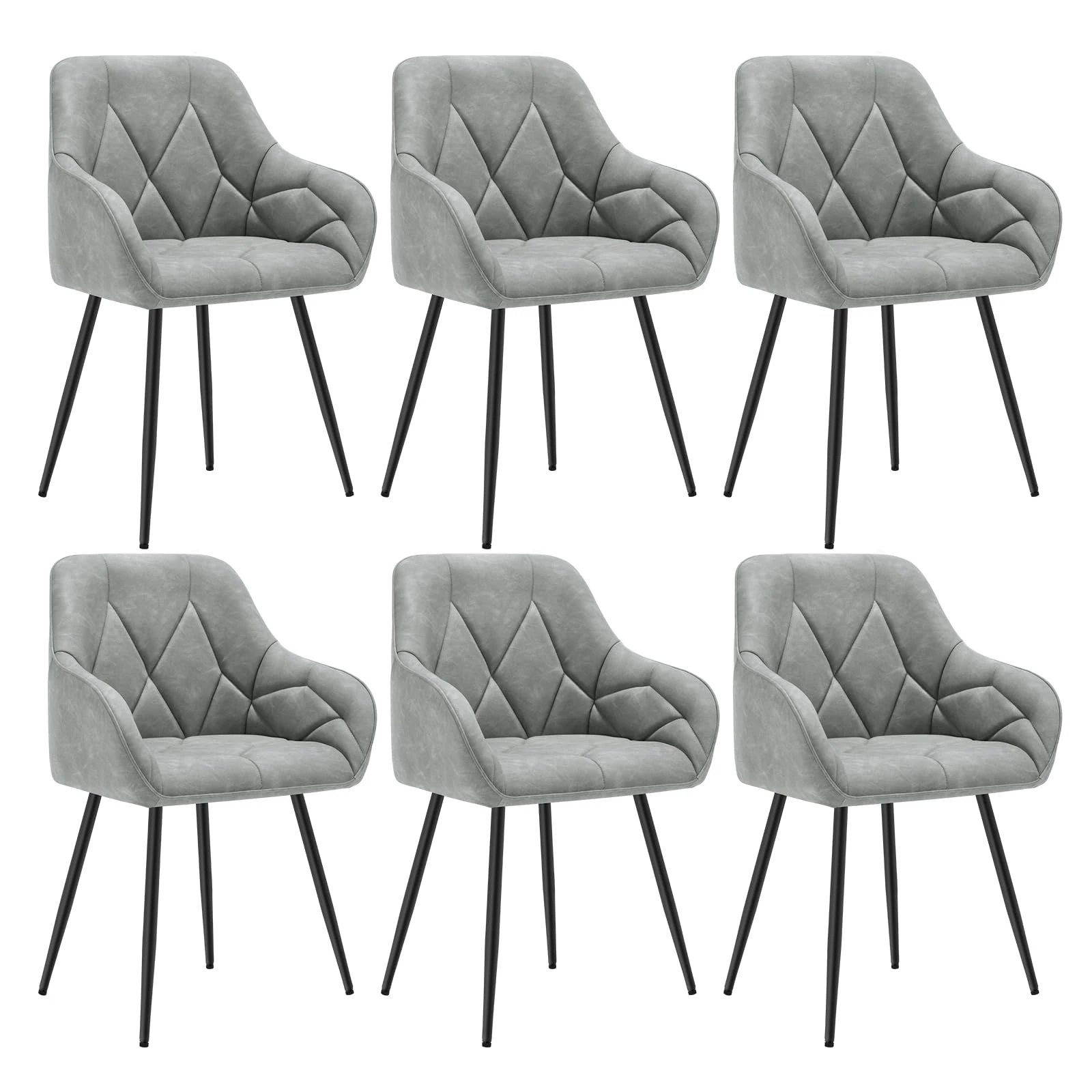 WOLTU Set of 6 Dining Chairs Kitchen Chairs Upholstered Living Room Chair with Backrest, Armrests, Metal Legs, Ergonomic Chair for Lounge, Office, Dressing Table, Faux Leather, Grey