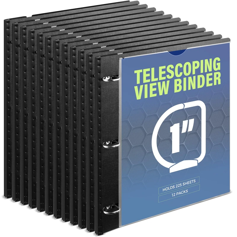 WOT I Telescoping 3 Ring Binder 1 Inch 12PCS Black, Flexible Binder with Expandable Spine+Customized Front Cover+Clear Catalog Pocket, Holds 225 Sheets
