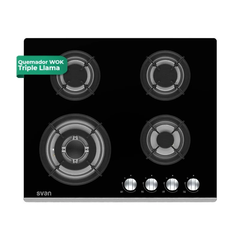 Svan Encimera de Gas Cristal negro SGW4600N. Potencia máx. 7800 kW, 4 Quemadores, Quemador WOK triple llama, con Ignición Automática, Parrillas Forjadas, Incluye Kit de Conversión Gas Natural