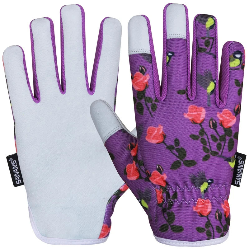 SAWANS Leather Gardening Gloves Ladies Mens Women Thorn Proof Rigger Garden Safety Working Gloves Multipurpose Breathable Construction Gardening Gifts (Purple, L (Pack of 1))