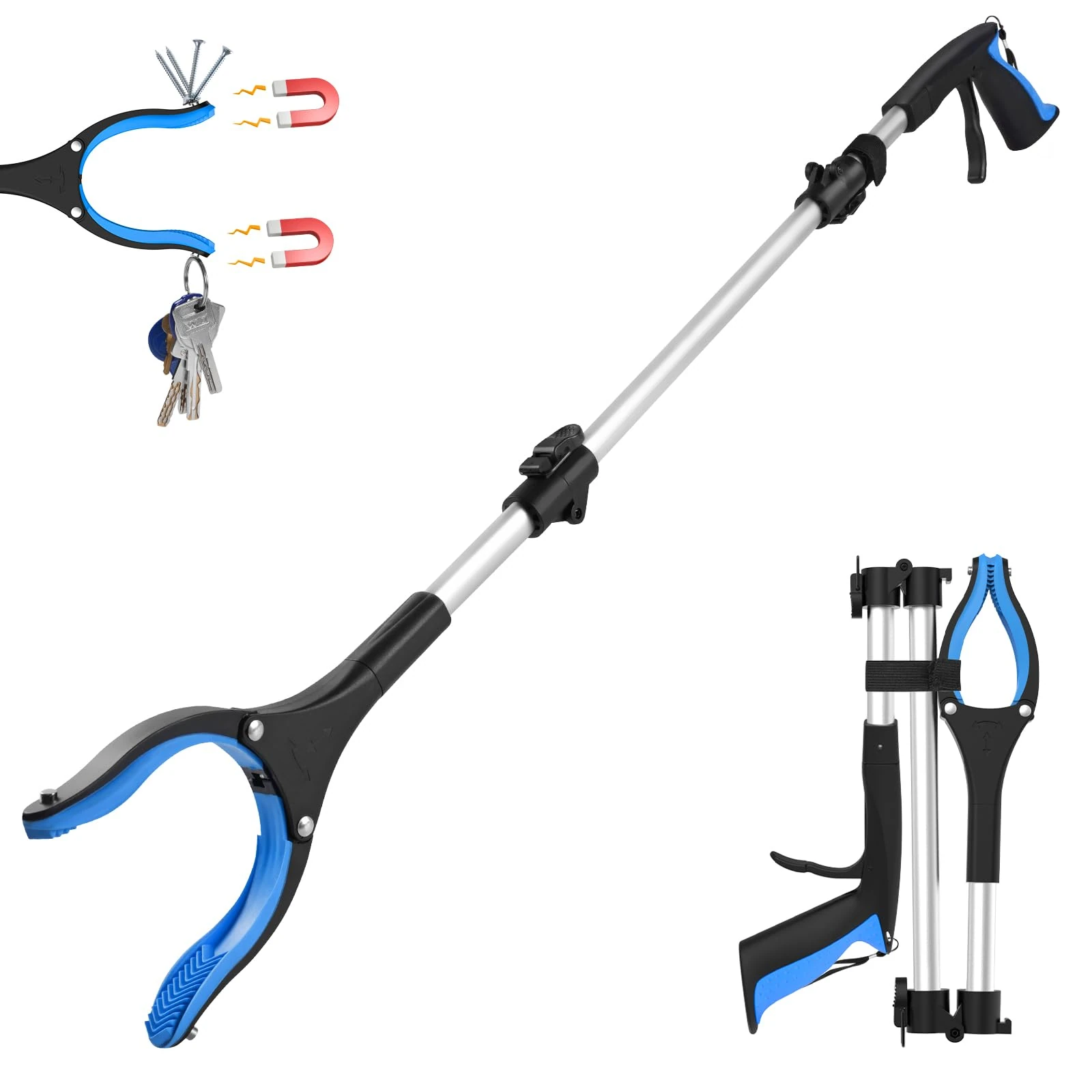 36 Inch Litter Pickers Grabber Stick for Elderly and Disabled, Foldable Reacher Tool Grabbers for Disabled with Rotating Head and Magnet, Heavy Duty Pick Up Stick for Garden and Home Use (91cm, Blue)