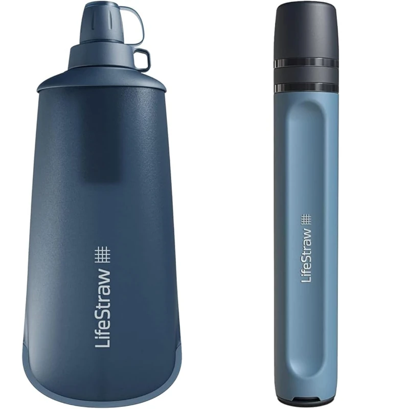 LifeStraw Peak Series - Collapsible Squeeze Bottle Water Filter System & Peak Series - Personal Water Filter Straw for Backup Filtration, Emergency, Survival, and Ultralight Hydration, Mountain Blue
