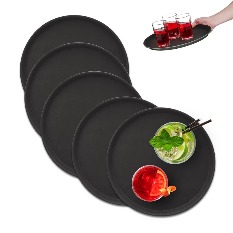 Relaxdays Set of 5 Serving Tray, Round Ø 35 cm, Bar Drinks Plate, Non-Slip Surface, Waiter's Catering, Versatile, Black