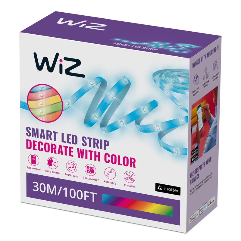 WiZ Smart RGB LED Strip Light, 30 m Cut to Fit, 16 Million Colors, Dynamic Scenes, Wi-Fi, Voice/App Control, Works with Google Home, Alexa and HomeKit, LED Lights for Bedroom, Kitchen, Living Room