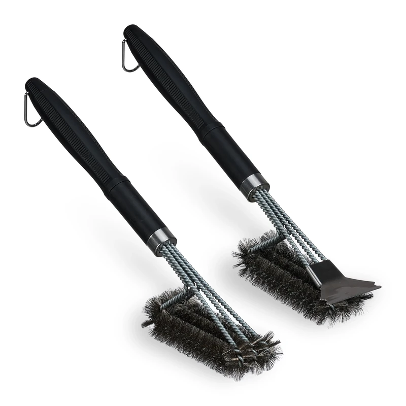 Relaxdays Set of 2 Grill Brushes, Stainless Steel, Barbecue Grate, with Scraper, Professional Wire, Three Rows, Black, 20 x 45 x 7 cm