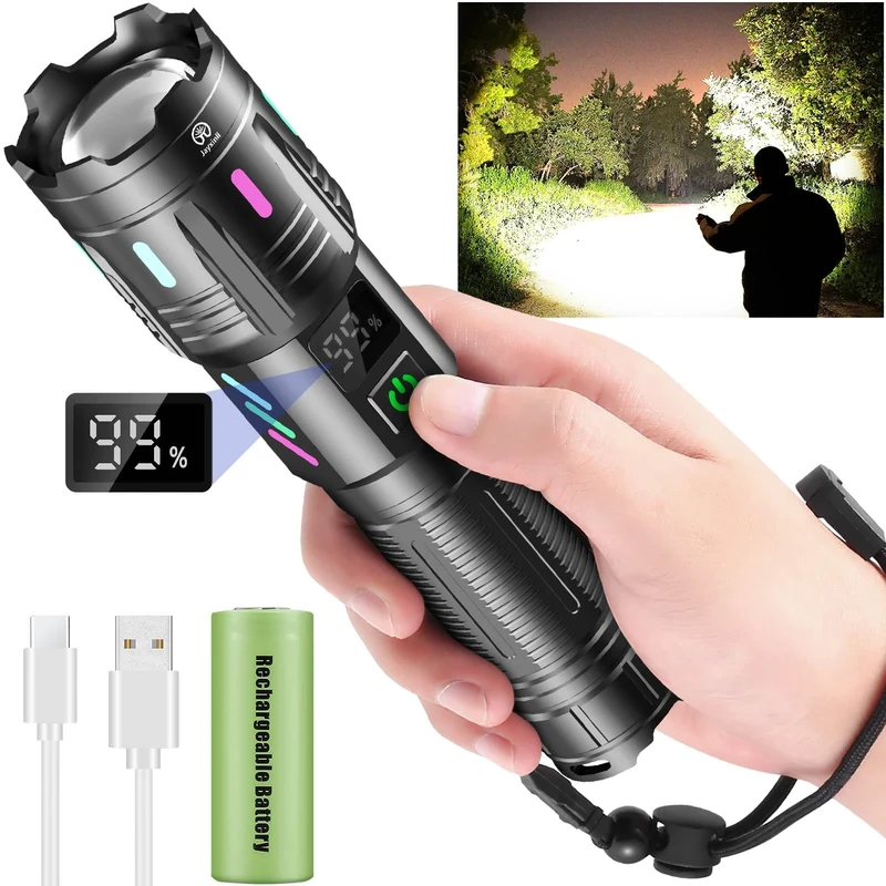 Jayxinli Torches LED Super Bright 500000 Lumen, Rechargeable Torch with LCD Power Display and Zoomable, High Powered LED Torch 5 Light Modes, Powerful Tactical Torches for Camping, Dog Walking