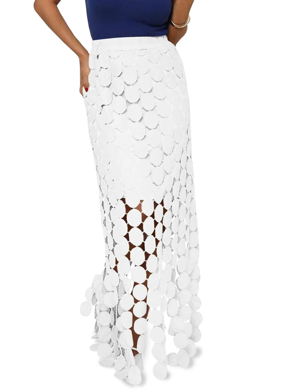 Cicy Bell Womens Hollow Out Maxi Skirts Summer High Waisted Boho Fringe Hem Long Skirt, White, XL