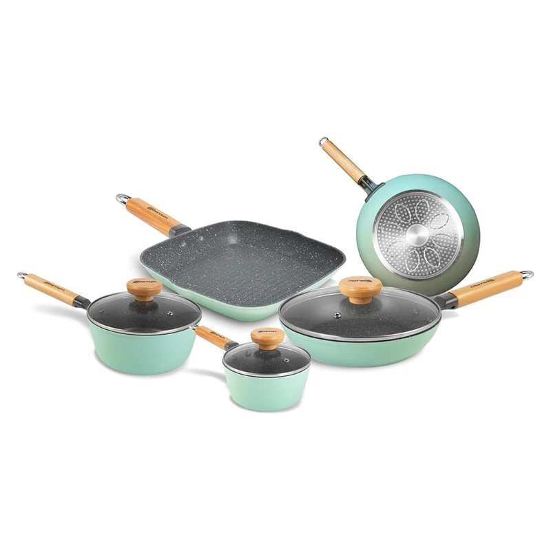 Avilia Non-Stick Cookware Set – Set of 8 Pieces Frying Pans with Beech Wood Handles for Gas, Induction and Electric Hobs, Recyclable - Image 1