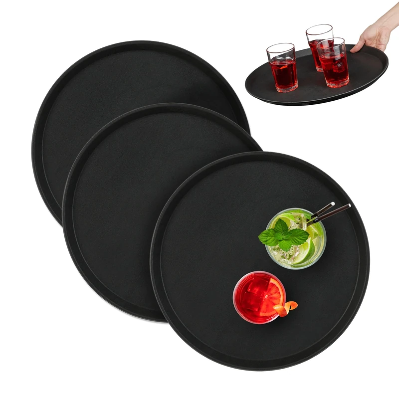 Relaxdays Set of 3 Serving Tray, Round Ø 40 cm, Bar Drinks Plate, Non-Slip Surface, Waiter's Catering, Versatile, Black