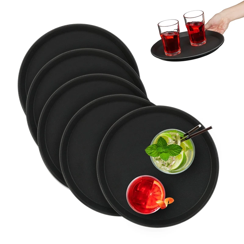 Relaxdays Set of 5 Serving Tray, Round Ø 28 cm, Bar Drinks Plate, Non-Slip Surface, Waiter's Catering, Versatile, Black