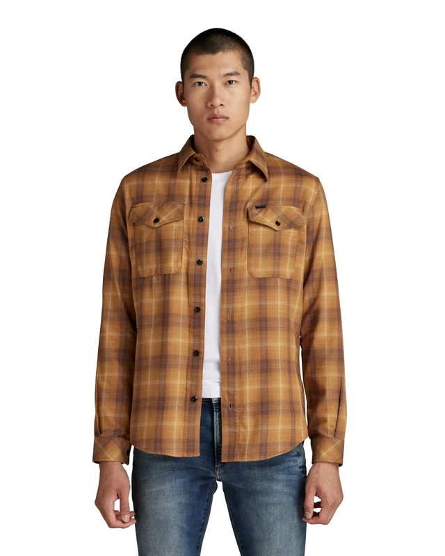 G-STAR RAW Navy Slim Shirt, Multicolour (Oxide Ocre Carter Check D20165-d196-d408), XL
