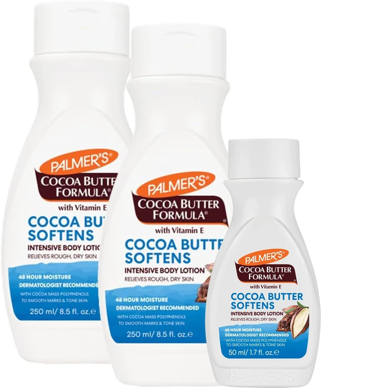 Palmers Cocoa Butter Formula With Vitamin E Softens, Smoothes & Relieves Dry Skin 48 Hour Moisture, Smoothes Marks, Tone Skin 2 x 250ml Bottle & 1x 50ml Travel Size Bottle of Palmer's Lotion