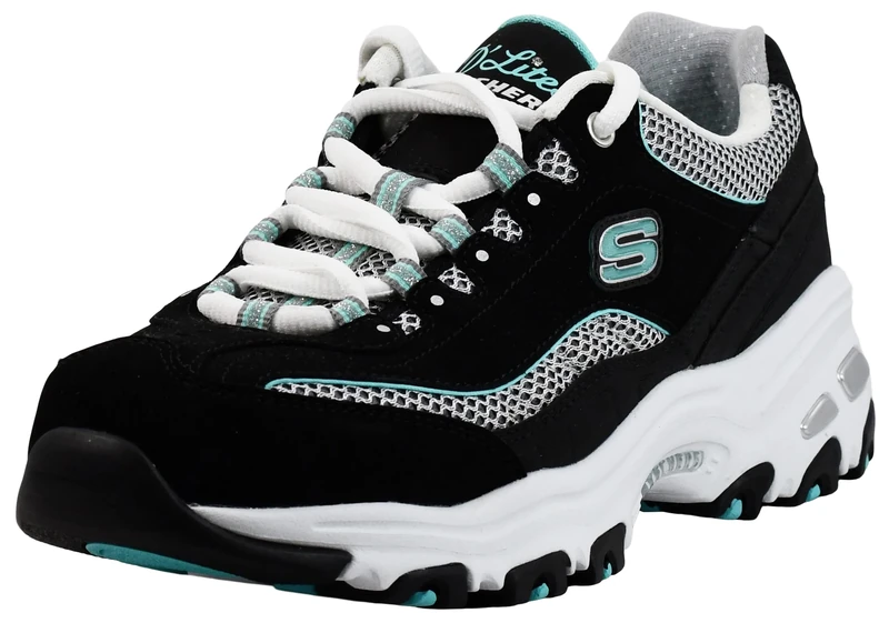 Skechers Women's D'Lites-Life Saver Memory Foam Lace-up Sneaker, Black/Turquoise, 10